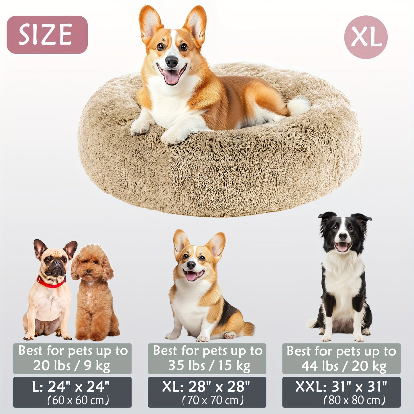 Calming Dog & Cat Bed, Donut Cuddler Warming Cozy Soft Round Bed, Fluffy Faux Fur Plush Cushion Bed For Small Medium And Large Dogs And Cats (16"/20"/24"/28"/31"/39")