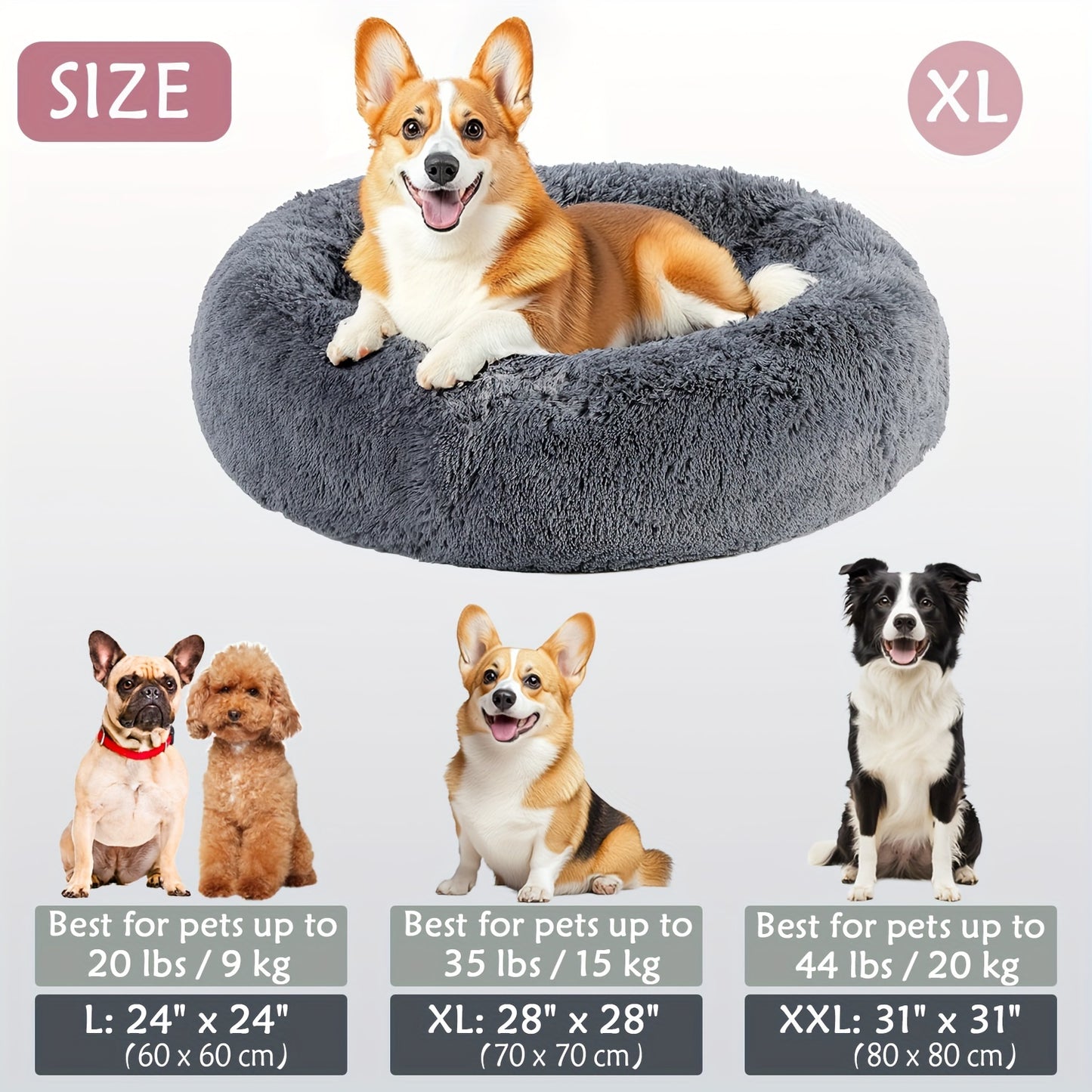 Calming Dog & Cat Bed, Donut Cuddler Warming Cozy Soft Round Bed, Fluffy Faux Fur Plush Cushion Bed For Small Medium And Large Dogs And Cats (16"/20"/24"/28"/31"/39")