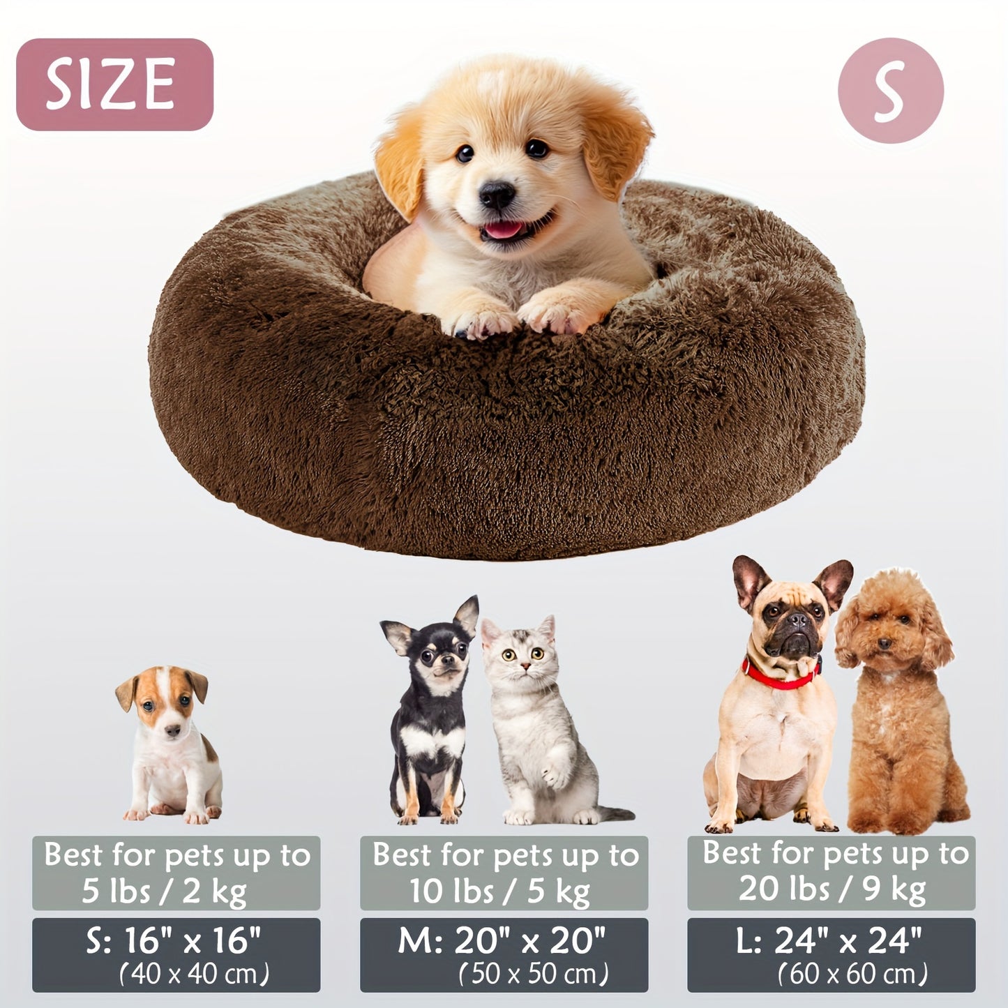 Calming Dog & Cat Bed, Donut Cuddler Warming Cozy Soft Round Bed, Fluffy Faux Fur Plush Cushion Bed For Small Medium And Large Dogs And Cats (16"/20"/24"/28"/31"/39")