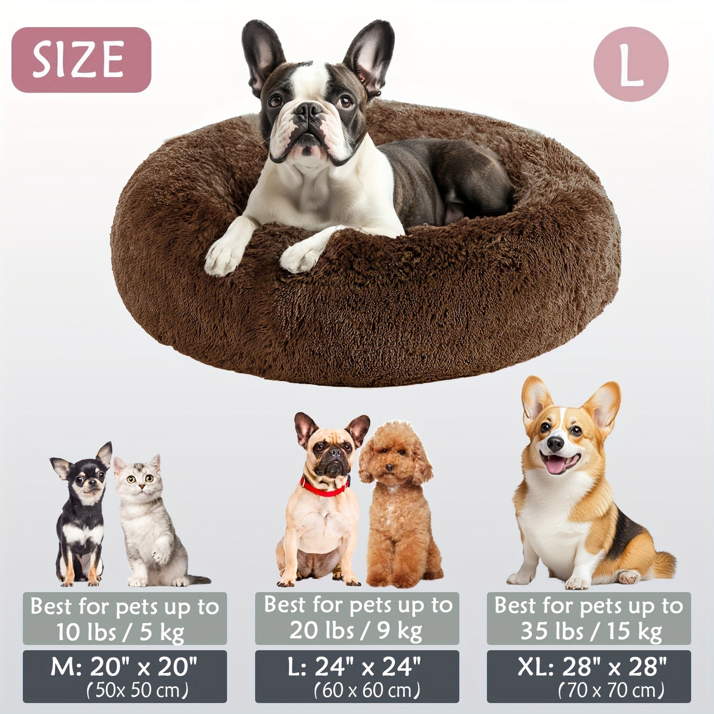 Calming Dog & Cat Bed, Donut Cuddler Warming Cozy Soft Round Bed, Fluffy Faux Fur Plush Cushion Bed For Small Medium And Large Dogs And Cats (16"/20"/24"/28"/31"/39")