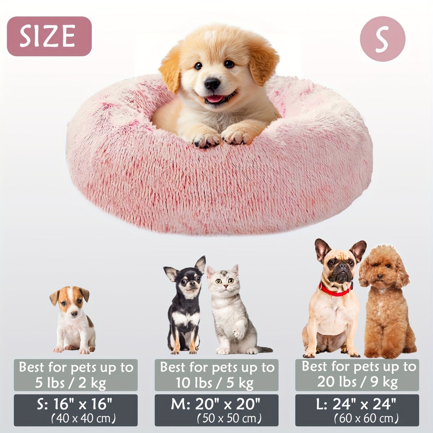 Calming Dog & Cat Bed, Donut Cuddler Warming Cozy Soft Round Bed, Fluffy Faux Fur Plush Cushion Bed For Small Medium And Large Dogs And Cats (16"/20"/24"/28"/31"/39")